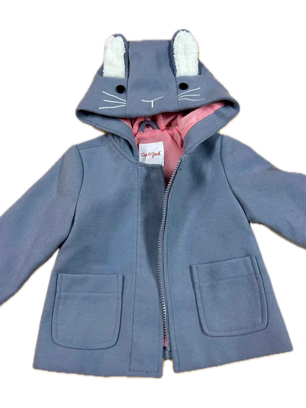 Cat & Jack Gray Hooded Bunny Pea Coat with Pink Lining, 12 months